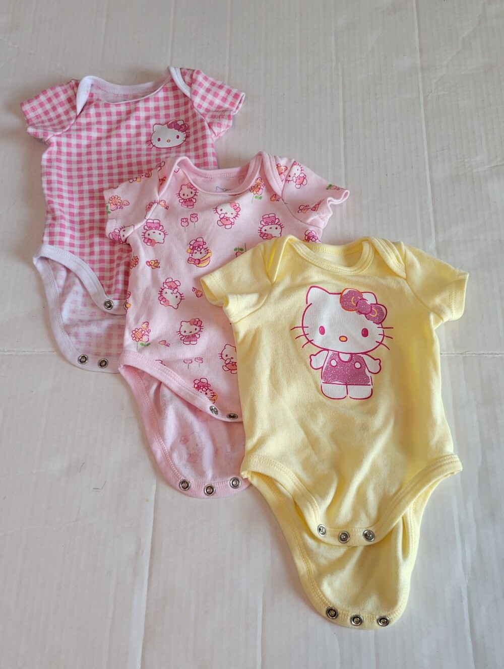Hello Kitty Pink & Yellow & Gingham Baby Set of 3 Snap Close One Pieces 3 months